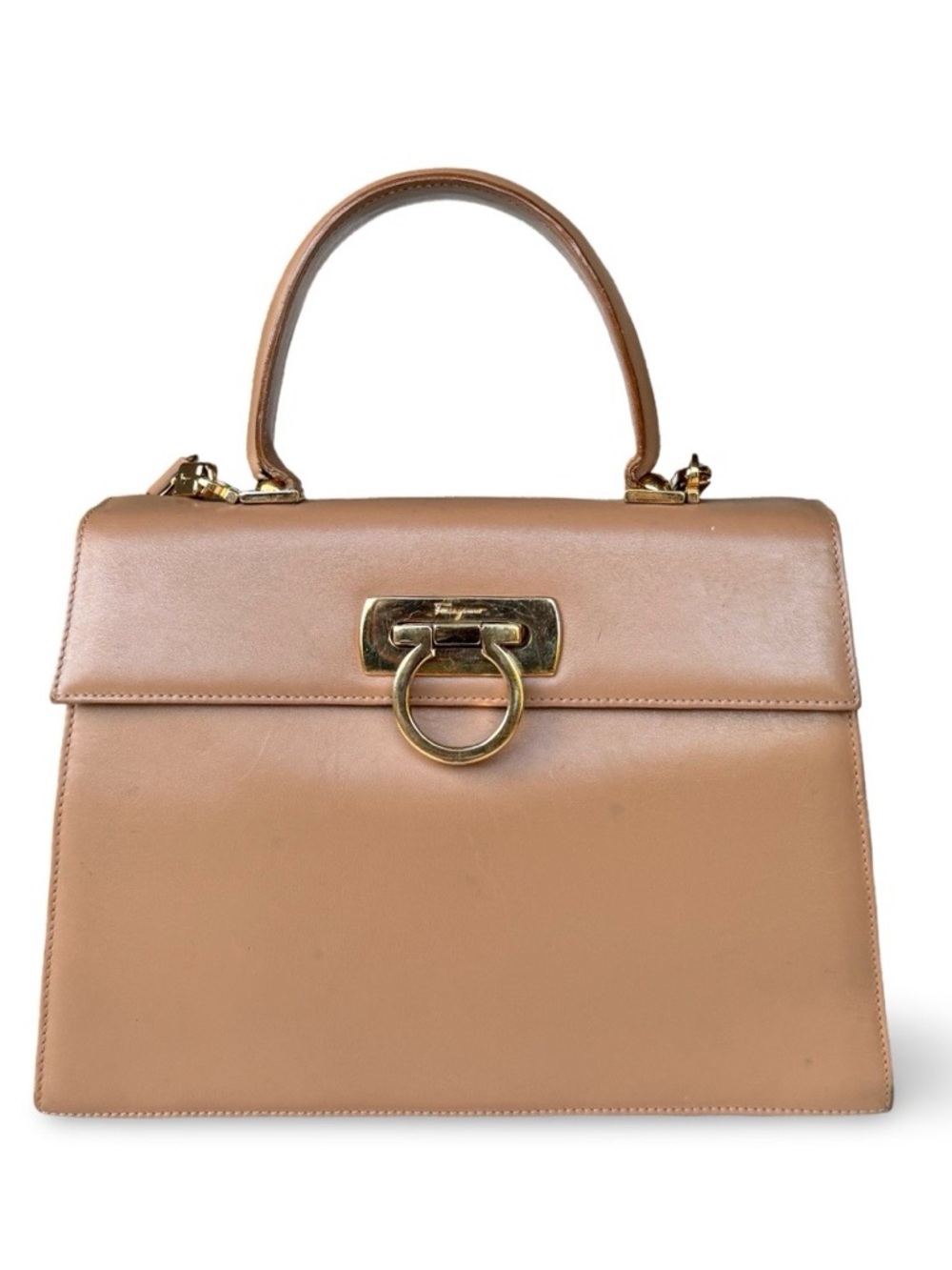 Salvatore Ferragamo Gancini Top Handle Bag Tan Leather Gold Hardware  Designer